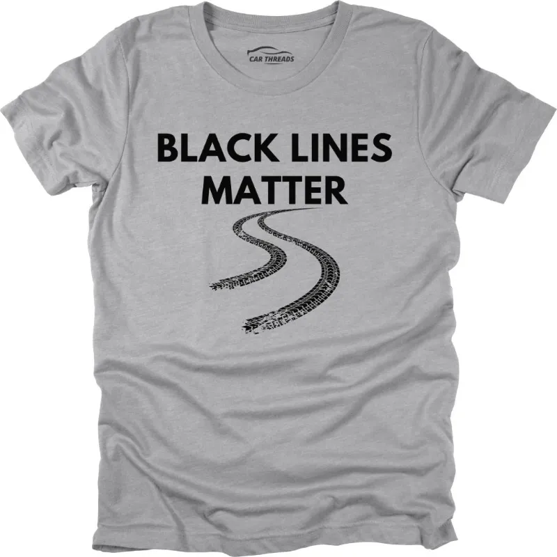 Car Threads Black Lines Matter T-Shirt with a sleek black print laid flat
