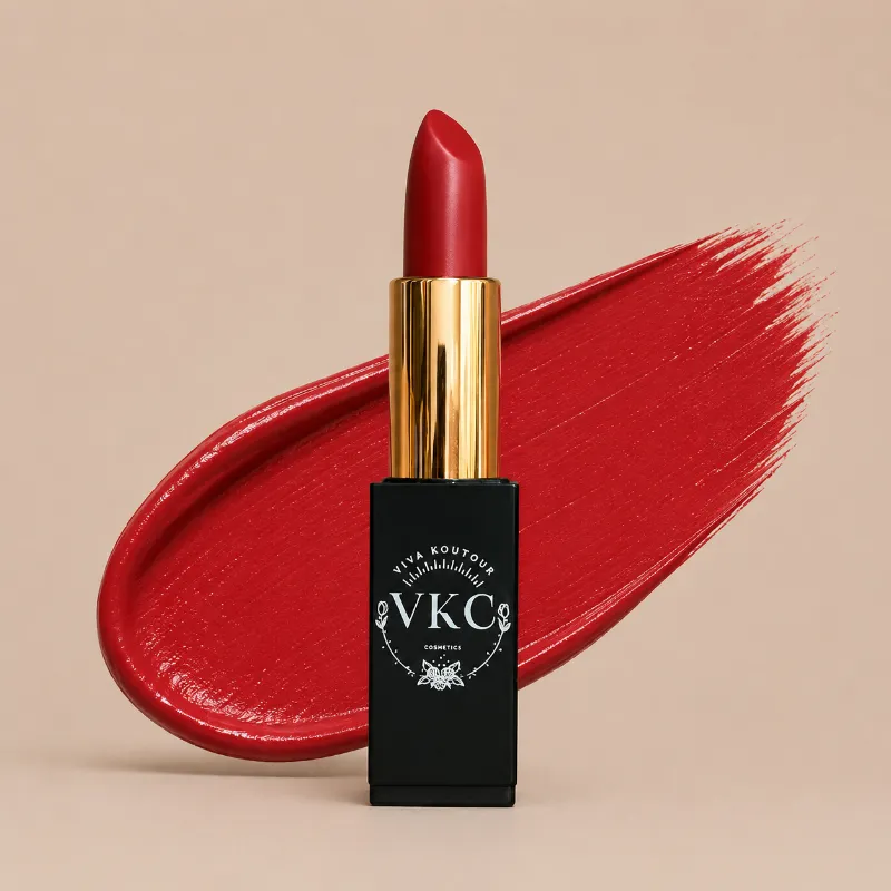 Viva Koutour Cosmetics Ablaze Cream Lipstick bold red shade with high-shine finish