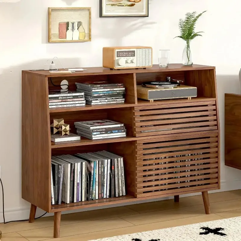 Retrolife Mid-Century Record Player Stand with Charging Station and Large Vinyl Record Storage, wood cabinet with sliding door