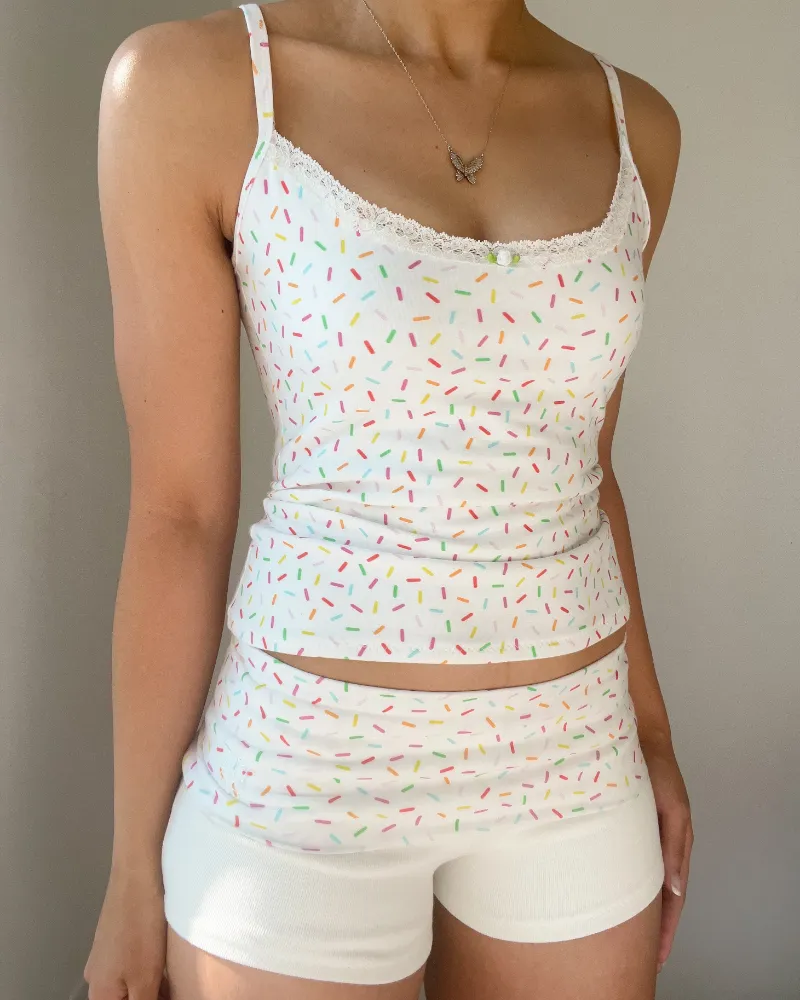 Bit By Angie Birthday girl lace cami set (White) showing a white lace cami top and matching fold over shorts