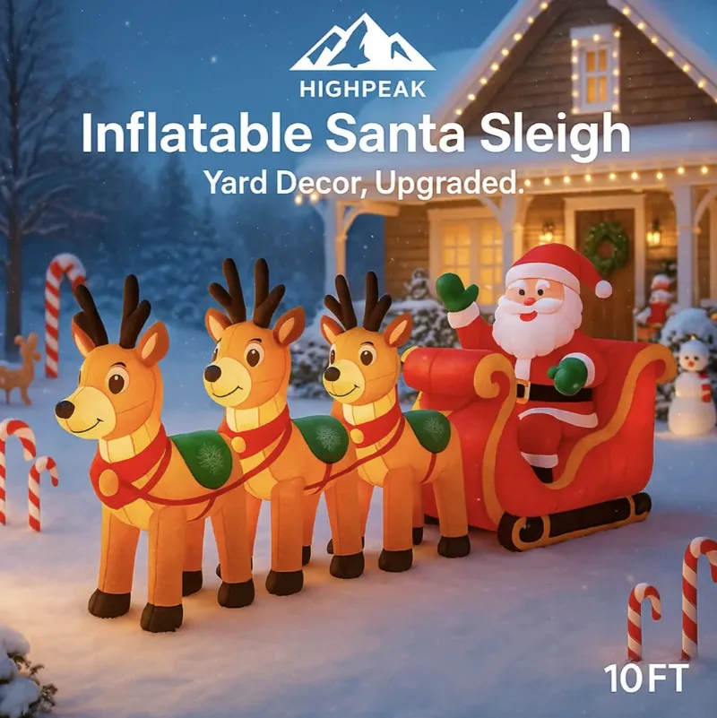 HighPeak 10FT Inflatable Santa Sleigh, LED-lit sleigh with three reindeer for the yard