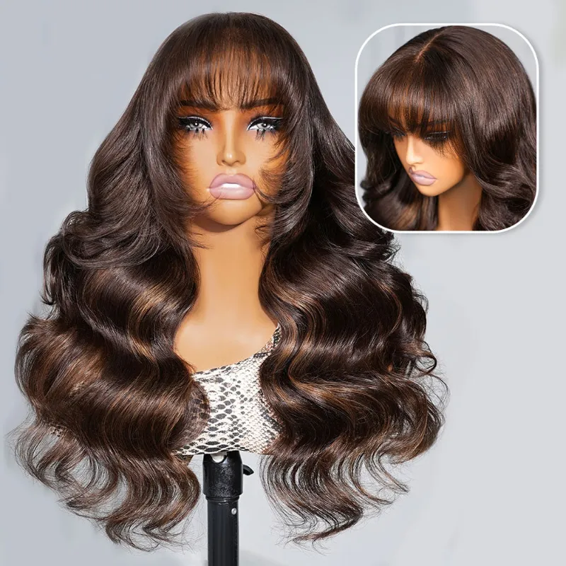 Megalook 13x6 Three-Go Dark Brown Highlight Body Wave Glueless Wig with bangs and natural hairline