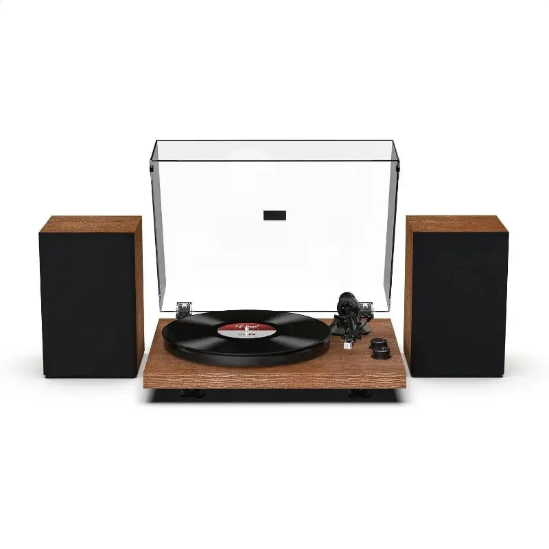 Retrolife High-Quality Bluetooth Input Turntable System with 2x18W Stereo Speakers SY101 showing turntable with two external bookshelf speak