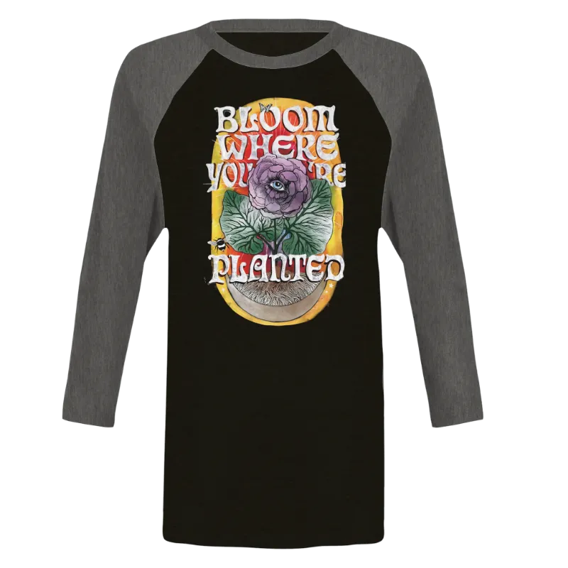 Spirit Nest Bloom Where You Are Planted unisex raglan tee with contrast 3/4 sleeves