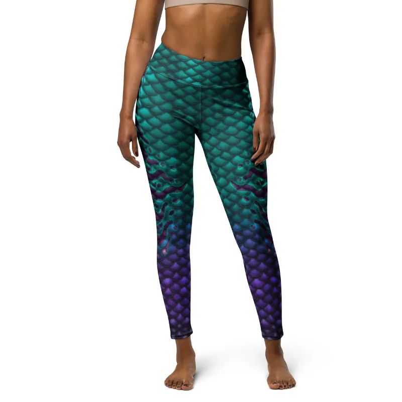 Sereia Guardiã Obscura Yoga Leggings shown flat, stretch fabric with raised waistband