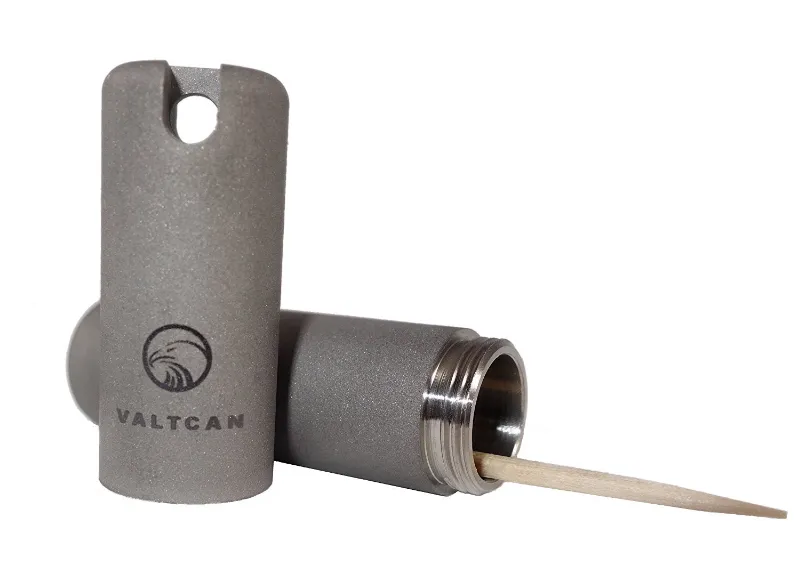 Valtcan Titanium EDC Capsule Toothpick Holder in closed and open position showing O-ring seal