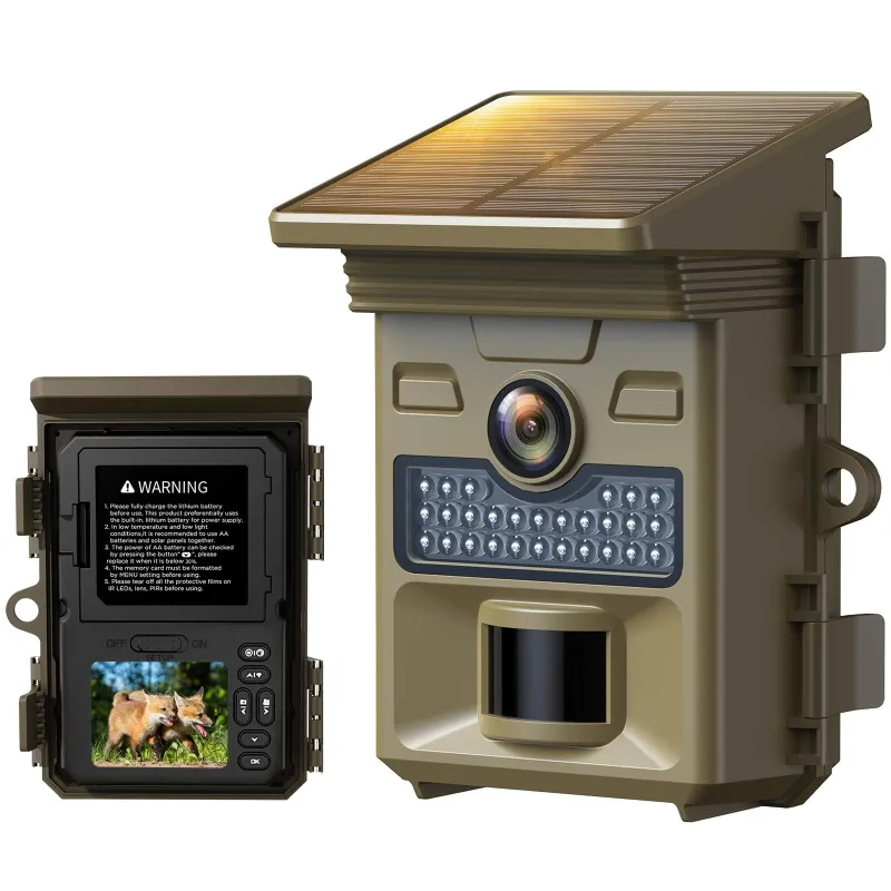 Voopeak TC19 solar trail camera showing 2.0-inch screen and lens