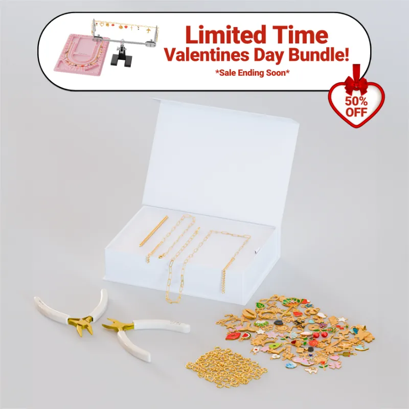 FabuLove Charm Jewelry Kit Bundle showing chains, assorted charms, and assembly tools