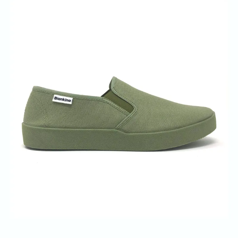 BIANKINA Barcelona Organic Cotton Canvas Slip Ons in olive green showing vegan sneaker with organic cotton upper