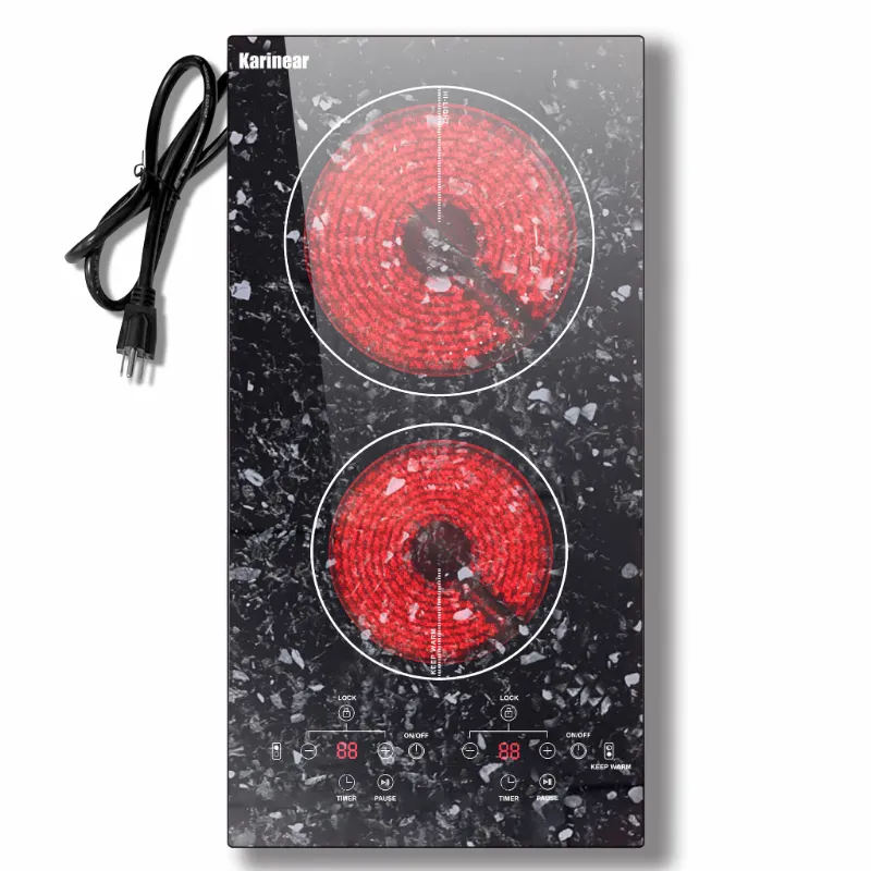 Karinear Appliances 12 Inch 2 Burner Plug in Portable Electric Ceramic Cooktop with marble patterned glass surface
