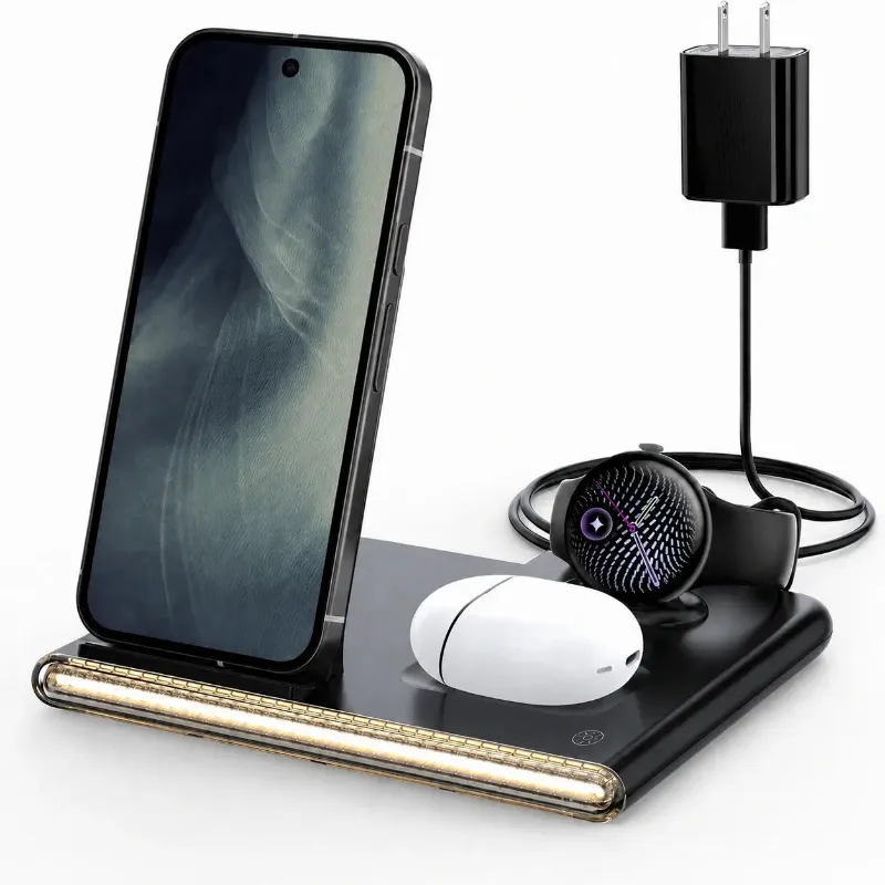 The Pixel Case 3-in-1 Wireless Charging Station For Pixel Series, a foldable wireless charging dock for phone, watch, and earbuds