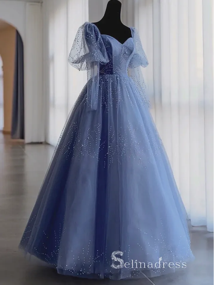Selinadress A-line Blue Beaded Prom Dress Long Sparkly Formal Evening Gowns with straps