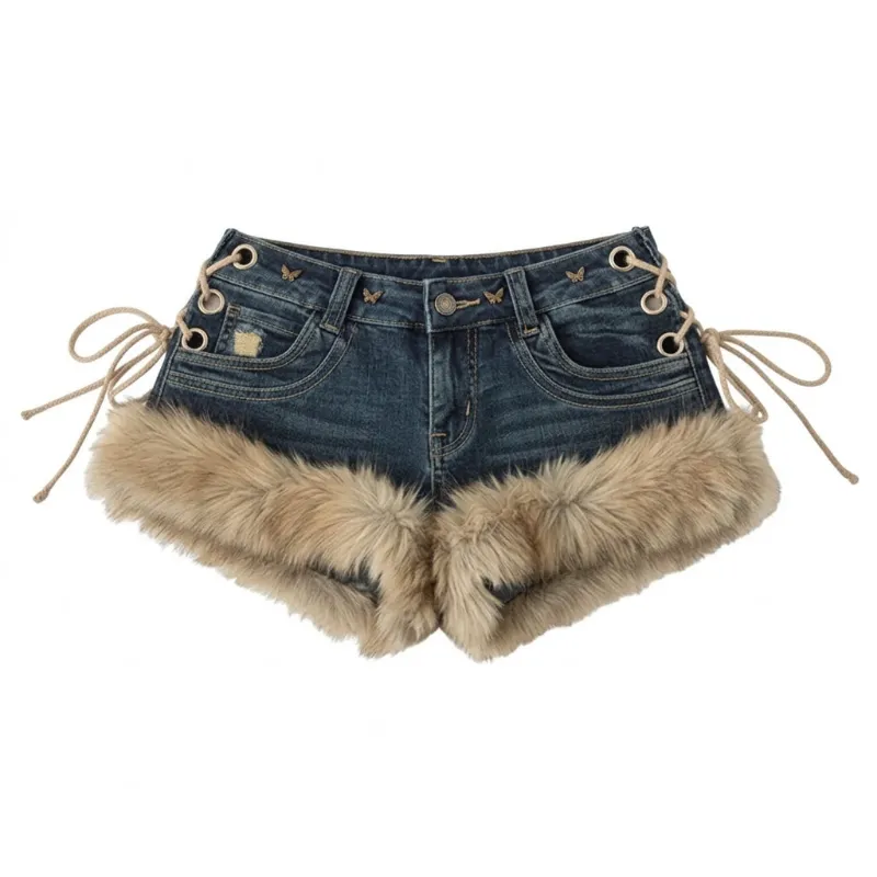 Shoptery Gyaru Faux Fur Trim Low-Rise Lace-Up Micro Denim Shorts with fluffy hem detail and adjustable straps