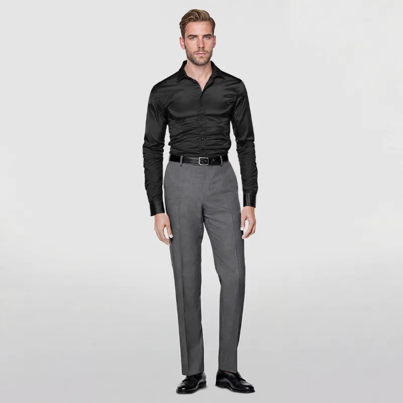 Cloudstyle Casual Fashion Shiny Long Sleeve Lapel Shirt in black, front button-closure view