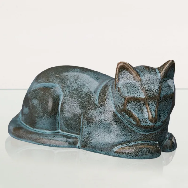 Pulvis Art Urns Cat Cremation Urn for Ashes in Green Melange ceramic finish with cat silhouette design