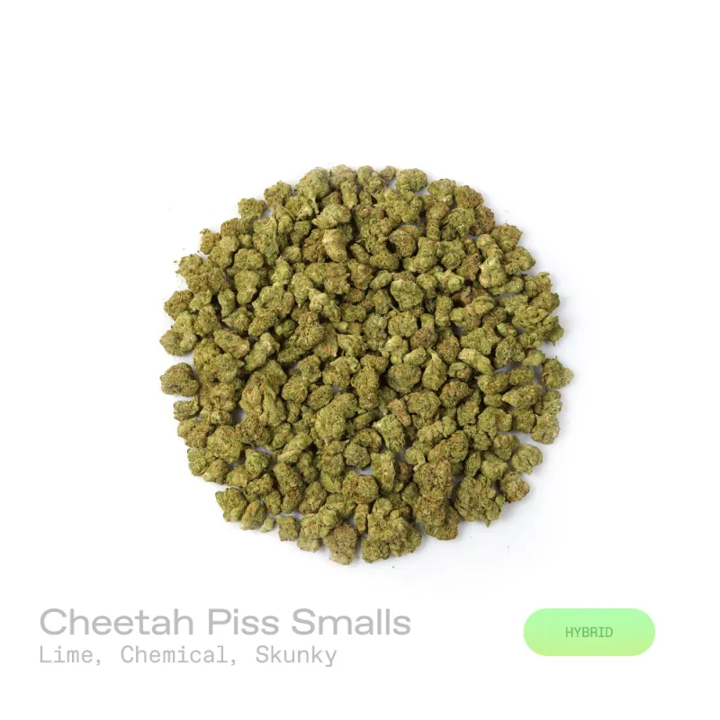Hipuffy Cheetah Piss THCa Flower (Indoor) (Hybrid) small vibrant green cannabis buds with trichome coating