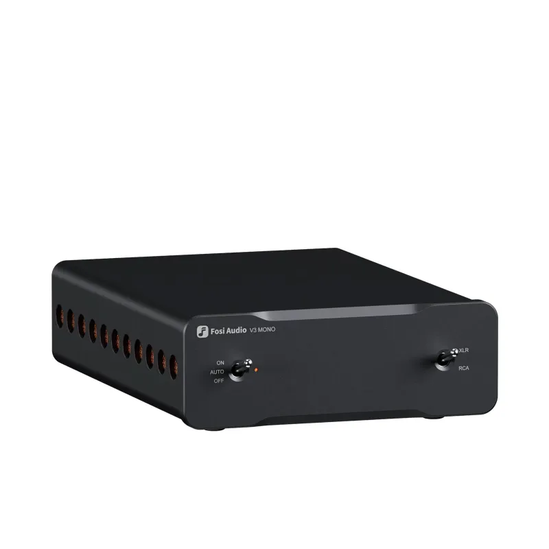 Fosi Audio V3 Mono Monoblock Power Amplifier compact black chassis with heatsink fins