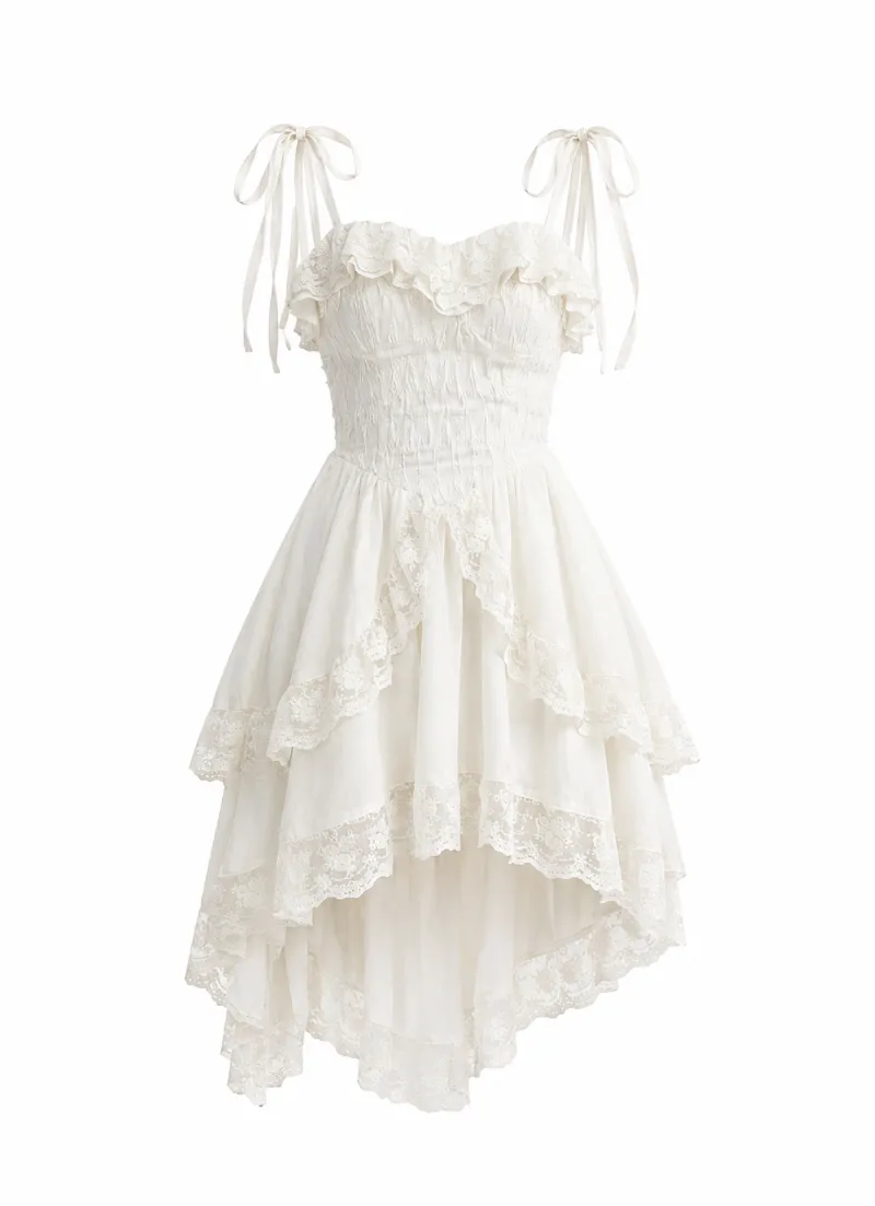 Cottagecore Clothes Angelcore Ruffle Tie Strap Mini Dress with adjustable shoulder ties and ruffle trim