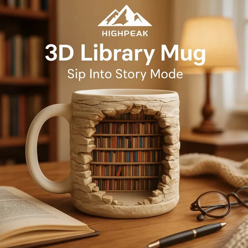 HighPeak 3D Library Mug with bookshelf design filled with coffee