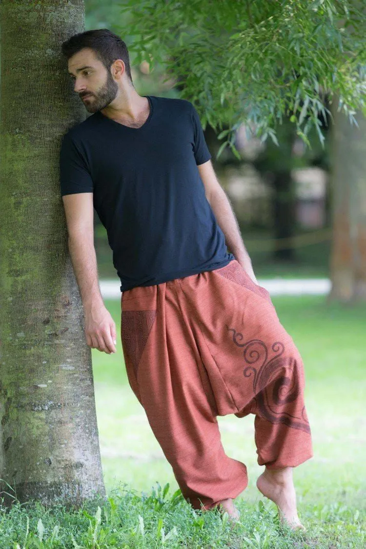 Hippie Pants Brick Red Tribal Pants, handmade cotton pants with asymmetric ethnic patterns