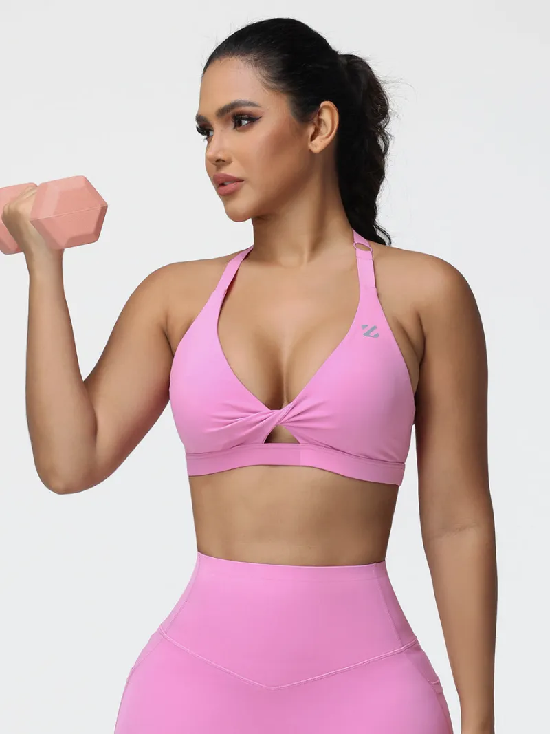 Zuluzenith Adjustable Strap Sports Bra with twist-front halter design, front view