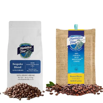 Plantation Blue Coffee Island Symphony Duo bundle showing 8oz Jamaica Blue Mountain and 1lb Bespoke Blend whole bean coffee bags
