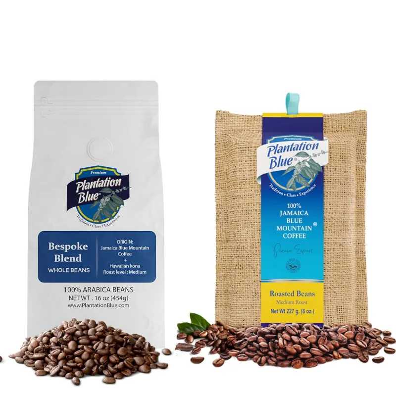 Plantation Blue Coffee Island Symphony Duo bundle showing 8oz Jamaica Blue Mountain and 1lb Bespoke Blend whole bean coffee bags