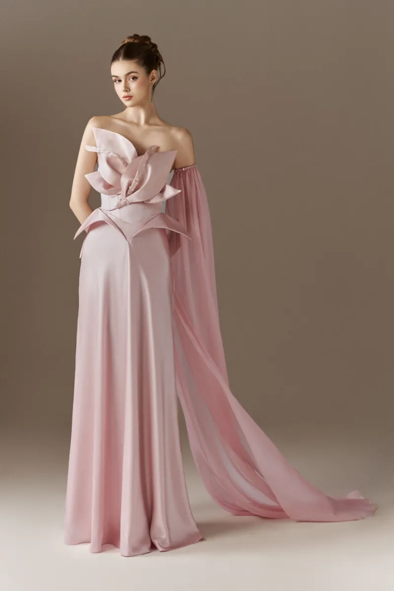 Kalisa Bloomheart 3D Floral Maxi Dress With One Cape Sleeve, dimensional florals