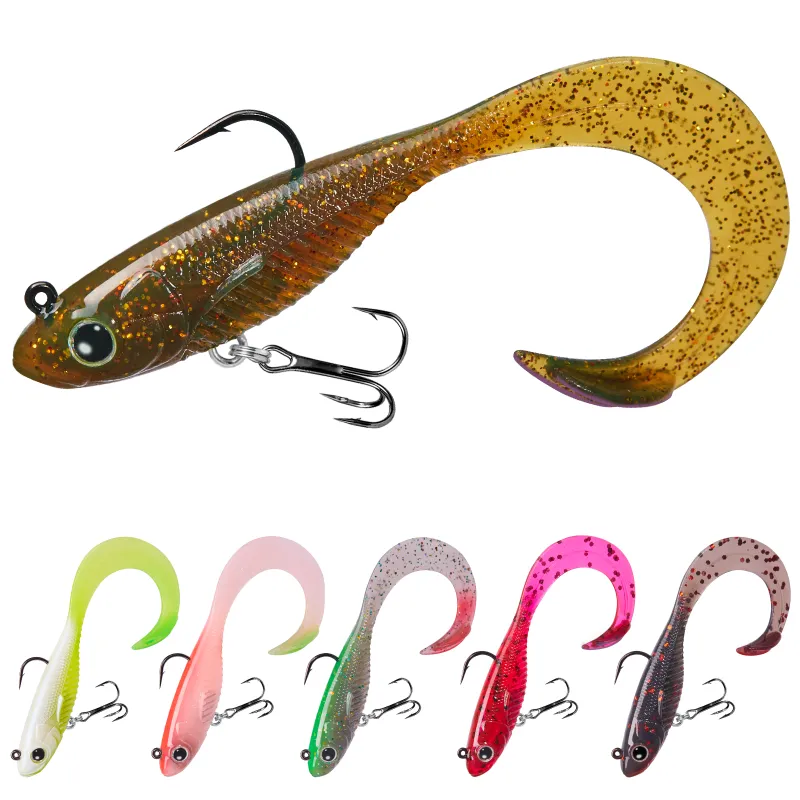 Truscend Fishing Duramax Soft Fishing Lures with BKK Hooks showing curly and T-tail design for bass and trout