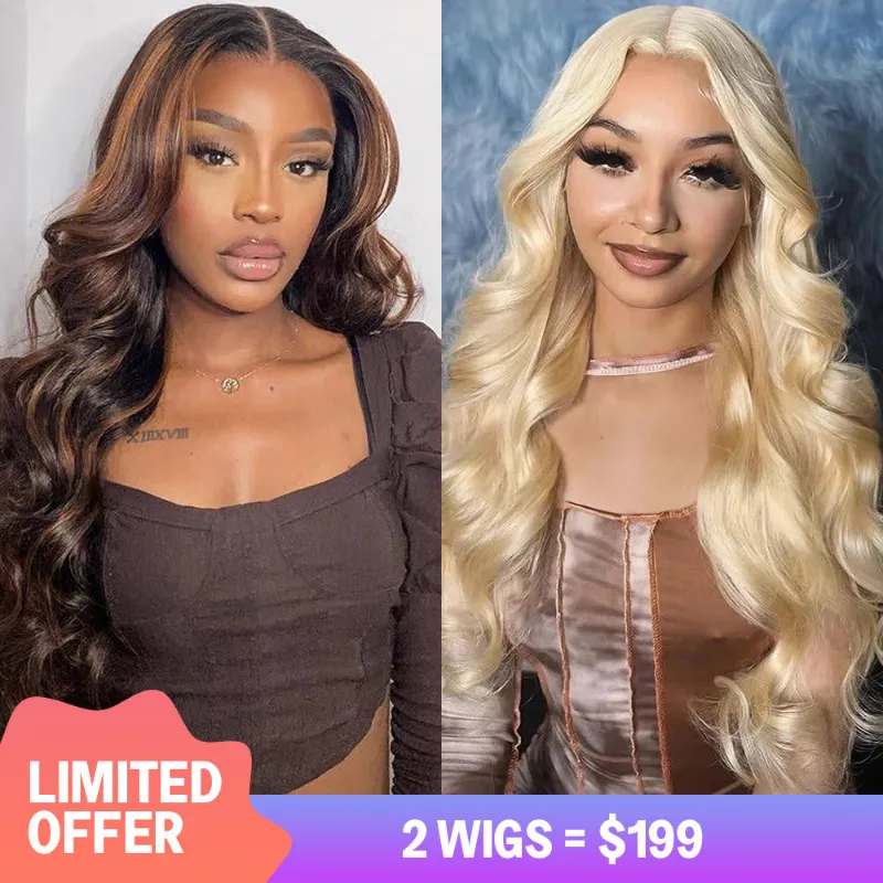 Megalook two-wig bundle, 13x4 blonde straight and 4x4 highlight body wave