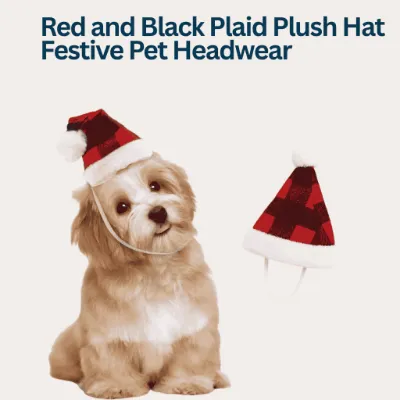 4FurBaby Red & Black Plaid Christmas Santa Hat for Cats & Small Dogs with white trim and pom pom