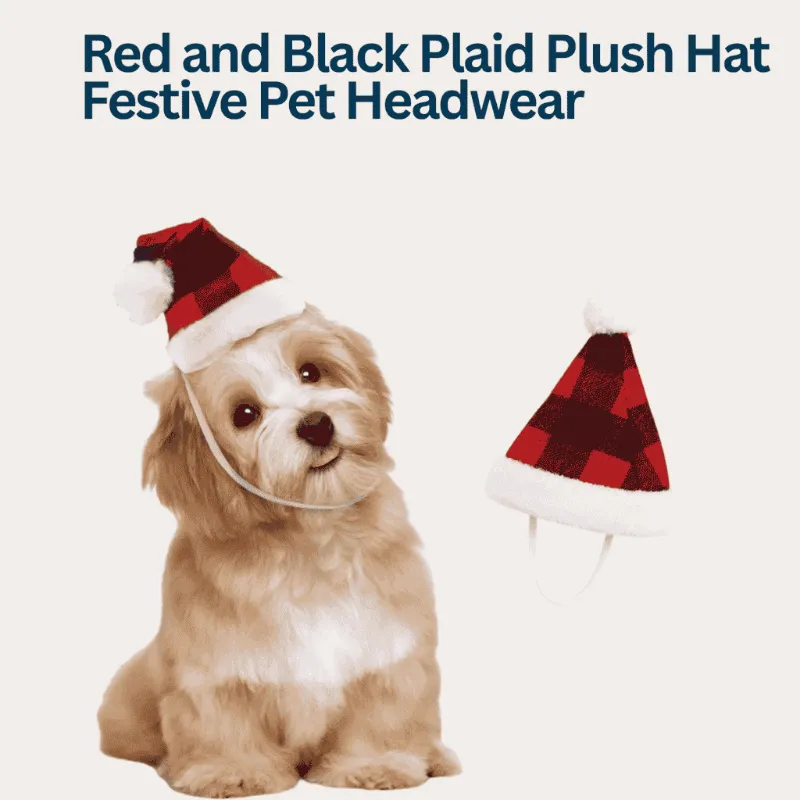 4FurBaby Red & Black Plaid Christmas Santa Hat for Cats & Small Dogs with white trim and pom pom