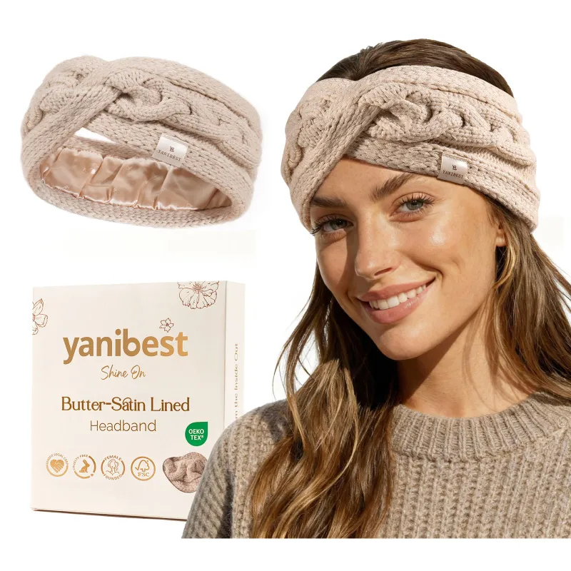 Yanibest Satin Lined Headbands for Winter in Khaki, knit fabric with satin lining shown
