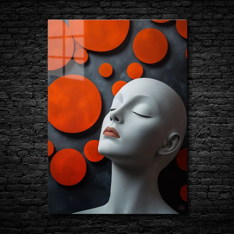 CruArt Serenity in Contrast metal print with pale sculptural head and vibrant red circles