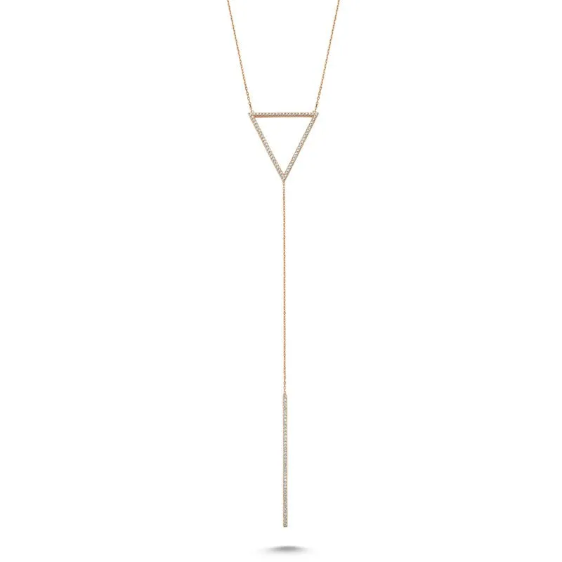 Amorium Jewelry Dainty Silver Triangle & Line Pendant Necklace, close-up of triangle and bar pendants with white crystals