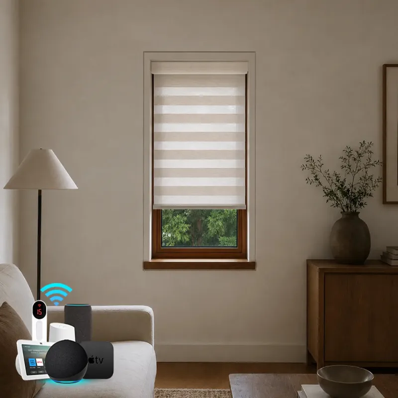 Bringnox 10-18 Inch Small Window Motorized Zebra Roller Blinds showing dual-layer fabric