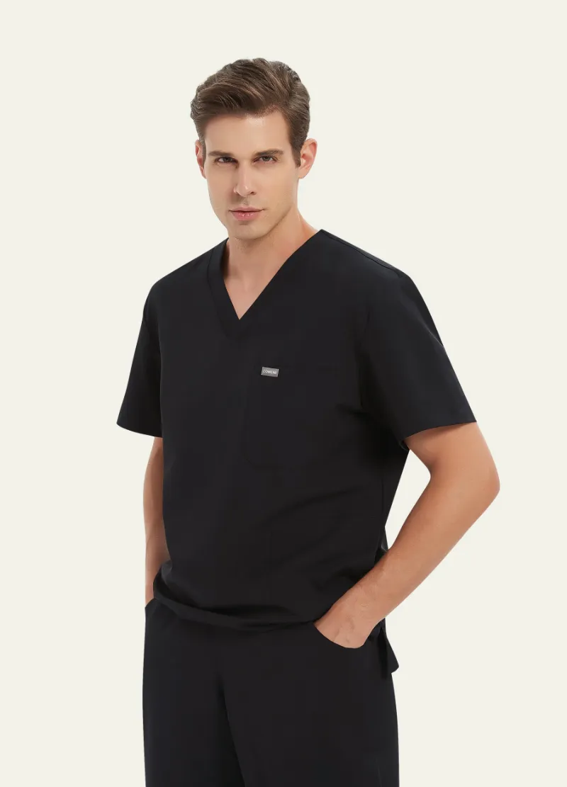 COMENII ProEase Essential Scrub Top in black with V-neck and chest pocket