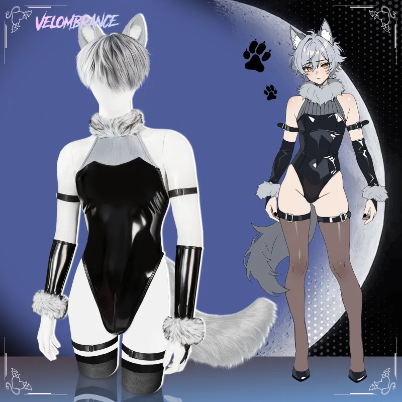 Velombrance Fluffy Wolf Bodysuit 8-Piece Set AS65 with tail and gloves displayed