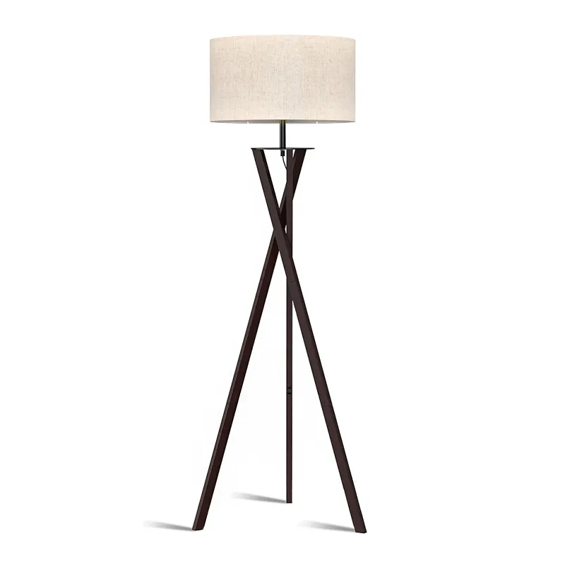 Lepower Tec Wooden Tripod Floor Lamp with three intersecting legs and cream fabric shade