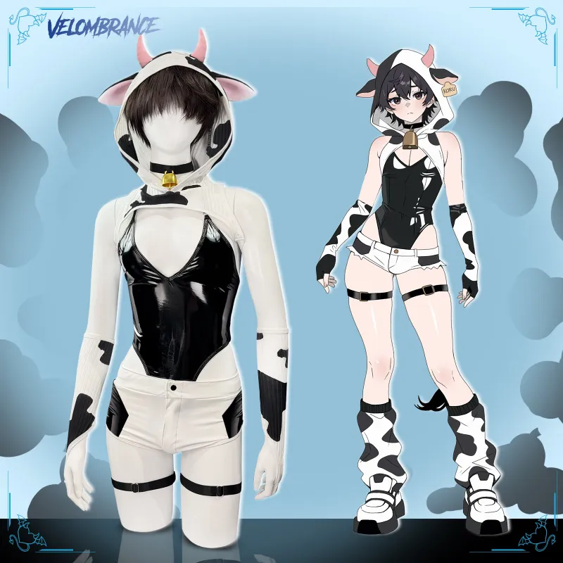 Velombrance Cow Bodysuit 8-piece set laid out showing hat, bodysuit, and accessories