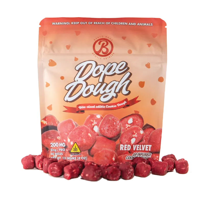 Baked Bags Dope Dough Red Velvet flavor pouch with cookie dough bites