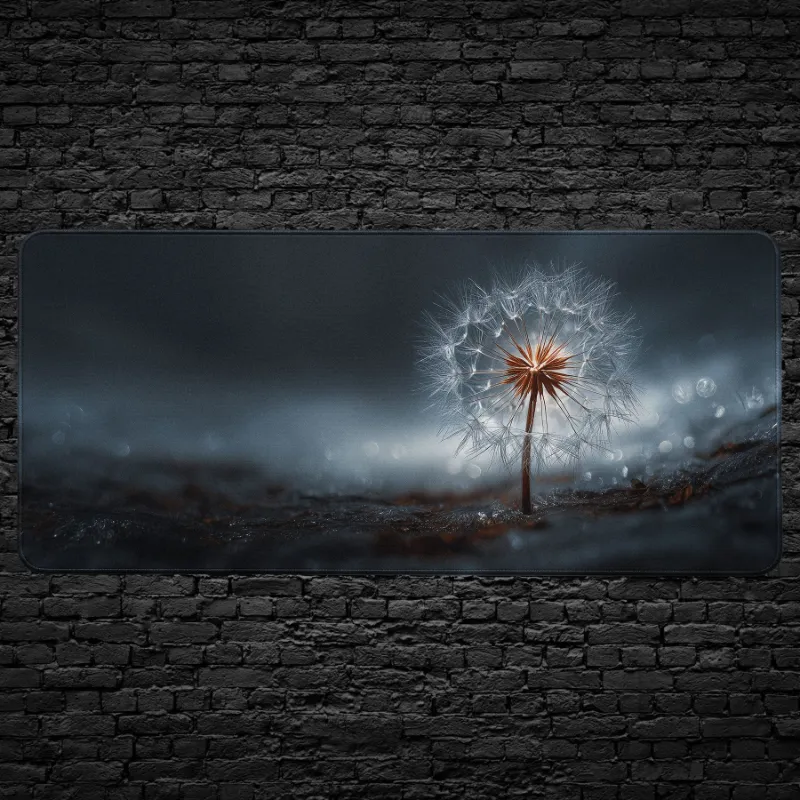 CruArt Frozen Dandelion Glow Desk Mat showing close-up of frosted dandelion with golden glow on cool blue background