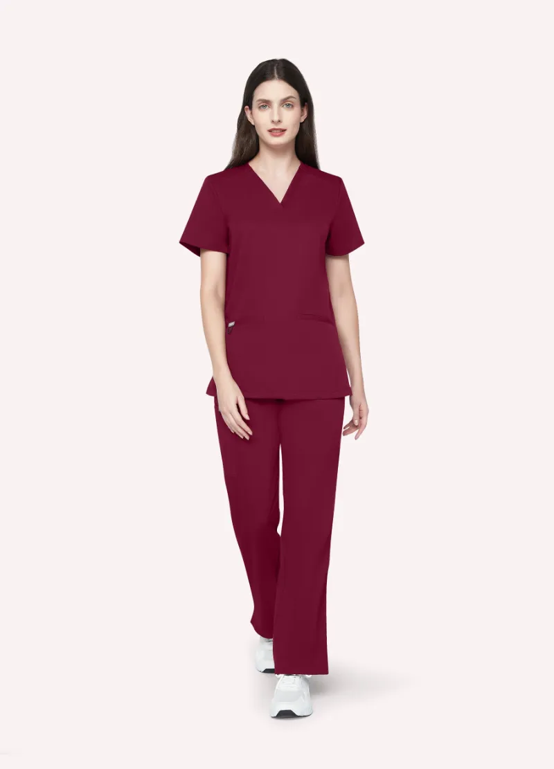 COMENII StyleFlex 7-Pocket Essential Scrub Set in burgundy, flattering cargo pants and top