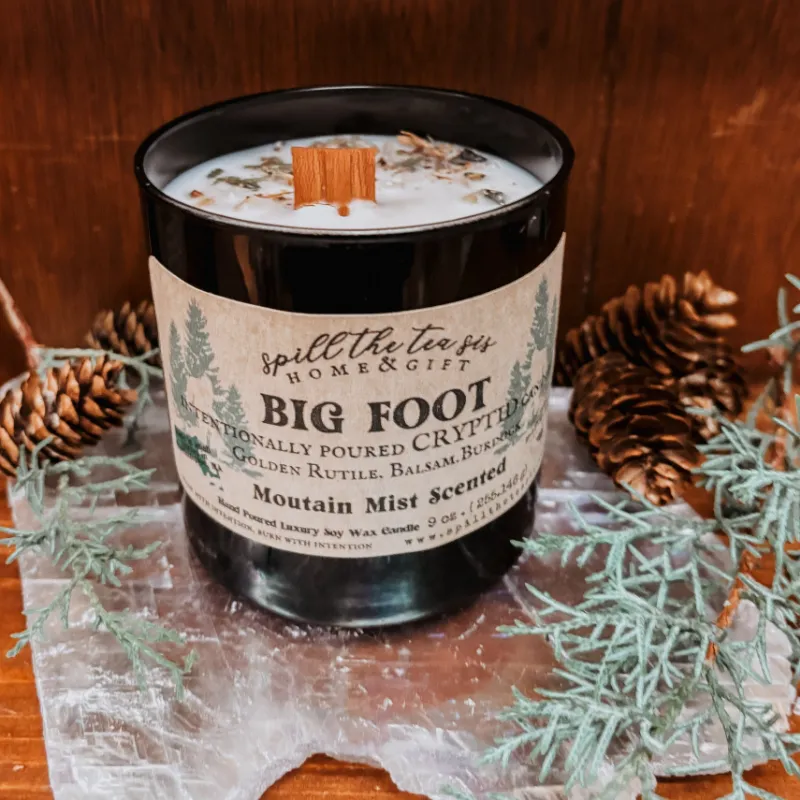 Spirit Nest Big Foot Sasquatch Soy Wax Candle with cedar wood wick and forest scent