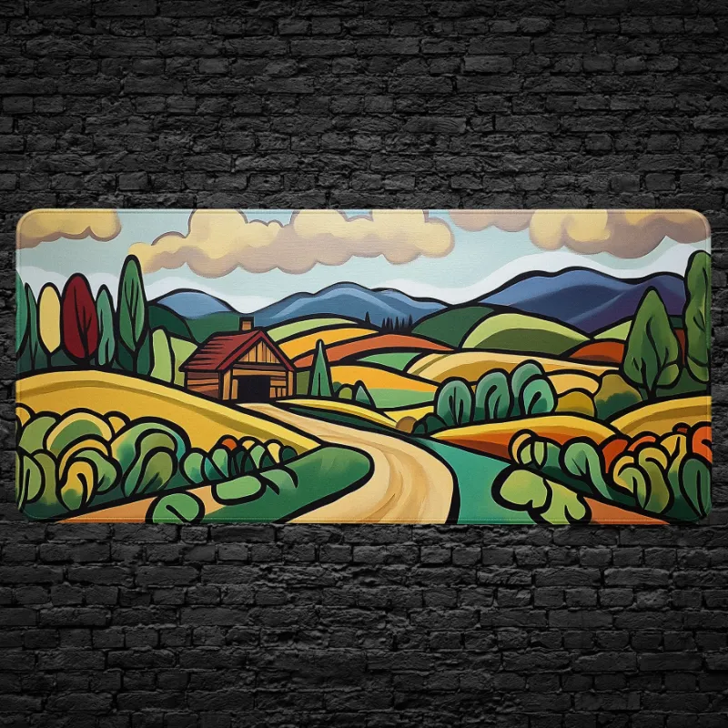 CruArt Folk Art Countryside Desk Mat with rustic farmhouse, rolling fields, and trees