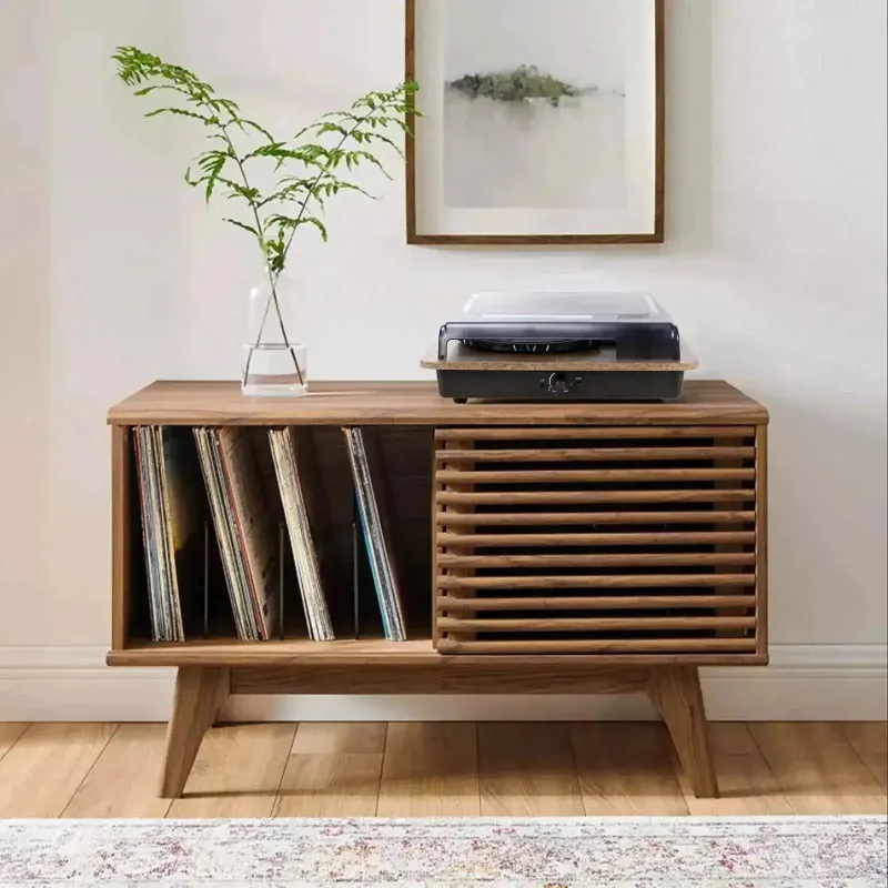 Retrolife Vintage Wooden 36.5'' Record Player Cabinet with sliding slat doors and tapered legs