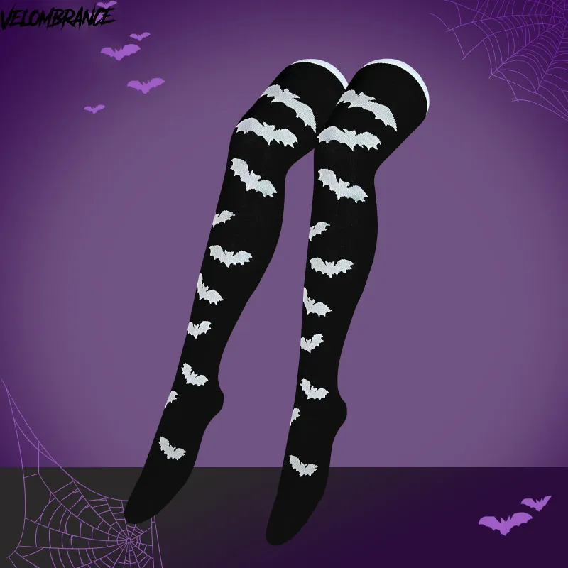 Velombrance Halloween Knit Thigh-High Socks AK01 in black with bat and skull designs