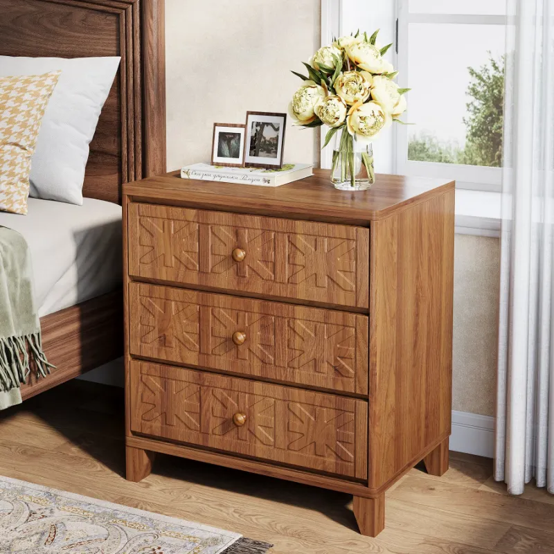 Tribesigns 3-Drawer Nightstand in brown finish with decorative X-pattern drawer fronts, farmhouse style