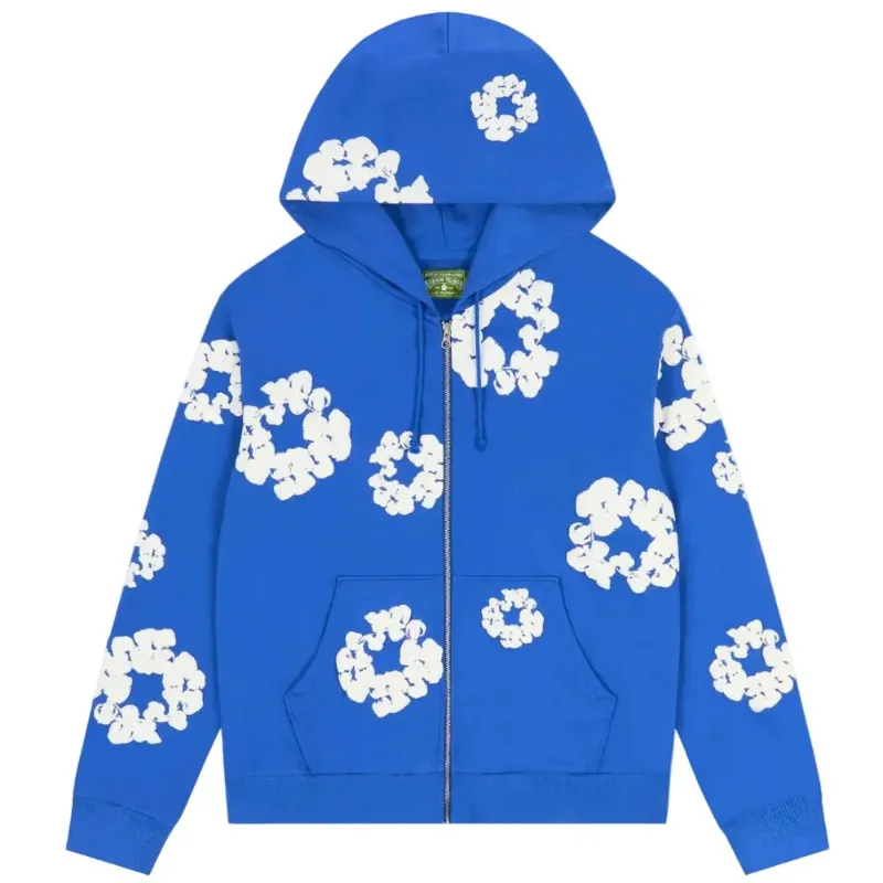 AfewVibe Denim Tears Cotton Wreath Zip Hoodie Blue, saturated blue hoodie with white raised wreath print
