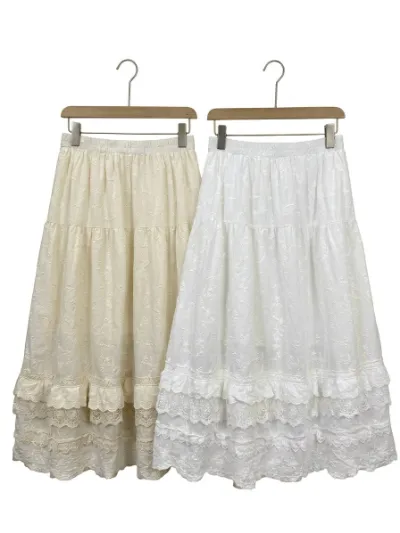 Cottagecore Clothes Cottagecore Embroidered Lace-Tiered Maxi Skirt with floral embroidery and scalloped lace hem